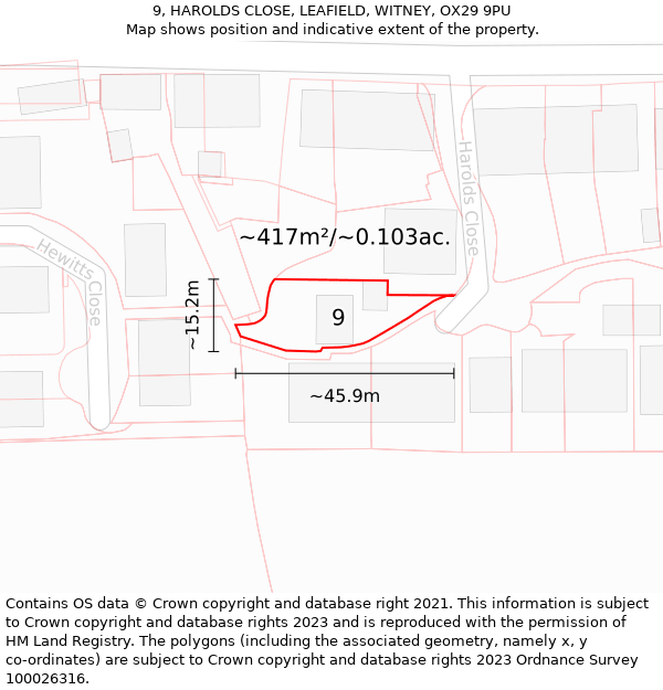 9, HAROLDS CLOSE, LEAFIELD, WITNEY, OX29 9PU: Plot and title map