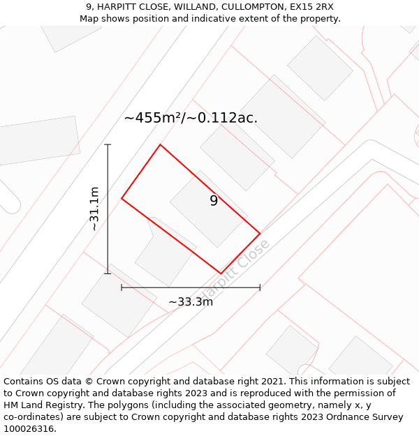 9, HARPITT CLOSE, WILLAND, CULLOMPTON, EX15 2RX: Plot and title map