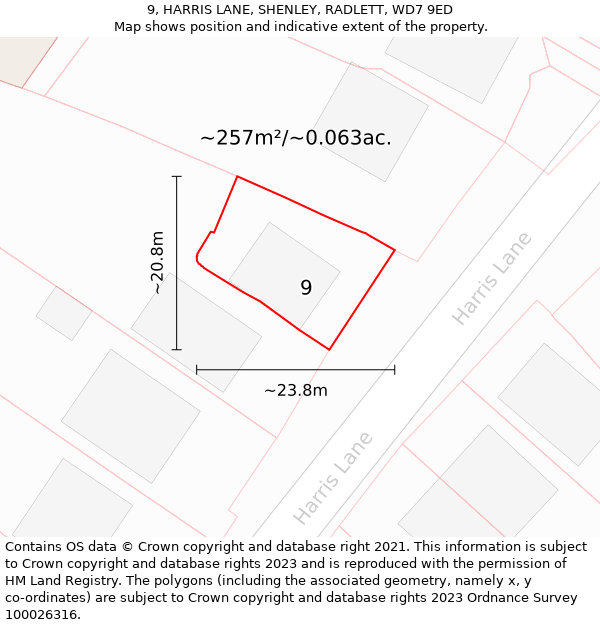 9, HARRIS LANE, SHENLEY, RADLETT, WD7 9ED: Plot and title map