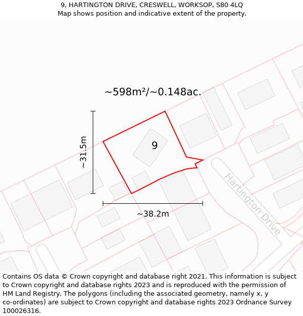 9, HARTINGTON DRIVE, CRESWELL, WORKSOP, S80 4LQ: Plot and title map