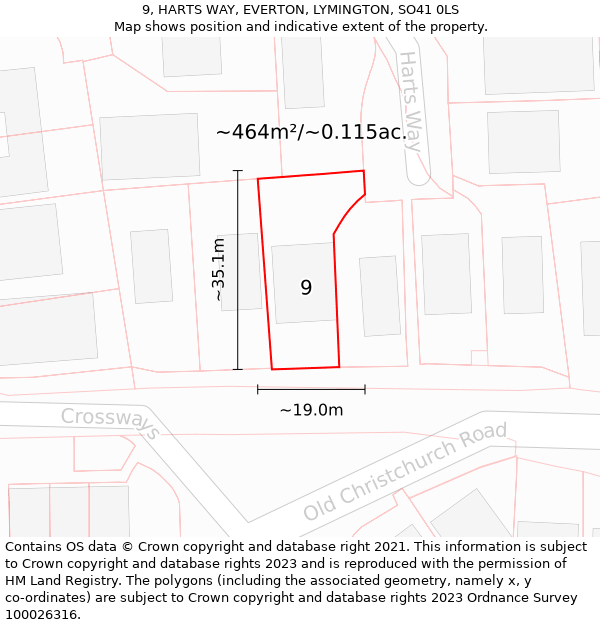 9, HARTS WAY, EVERTON, LYMINGTON, SO41 0LS: Plot and title map