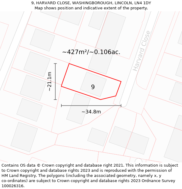 9, HARVARD CLOSE, WASHINGBOROUGH, LINCOLN, LN4 1DY: Plot and title map