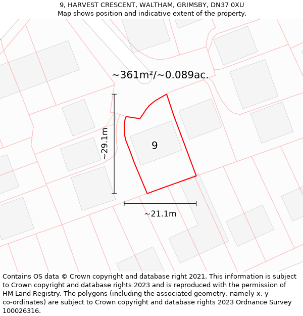 9, HARVEST CRESCENT, WALTHAM, GRIMSBY, DN37 0XU: Plot and title map