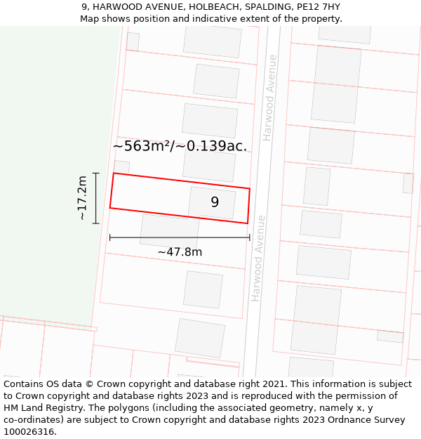 9, HARWOOD AVENUE, HOLBEACH, SPALDING, PE12 7HY: Plot and title map