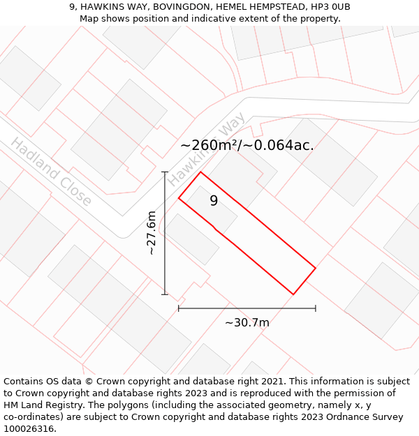 9, HAWKINS WAY, BOVINGDON, HEMEL HEMPSTEAD, HP3 0UB: Plot and title map