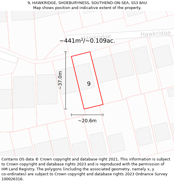 9, HAWKRIDGE, SHOEBURYNESS, SOUTHEND-ON-SEA, SS3 8AU: Plot and title map