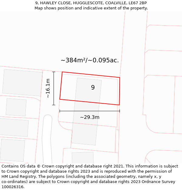 9, HAWLEY CLOSE, HUGGLESCOTE, COALVILLE, LE67 2BP: Plot and title map