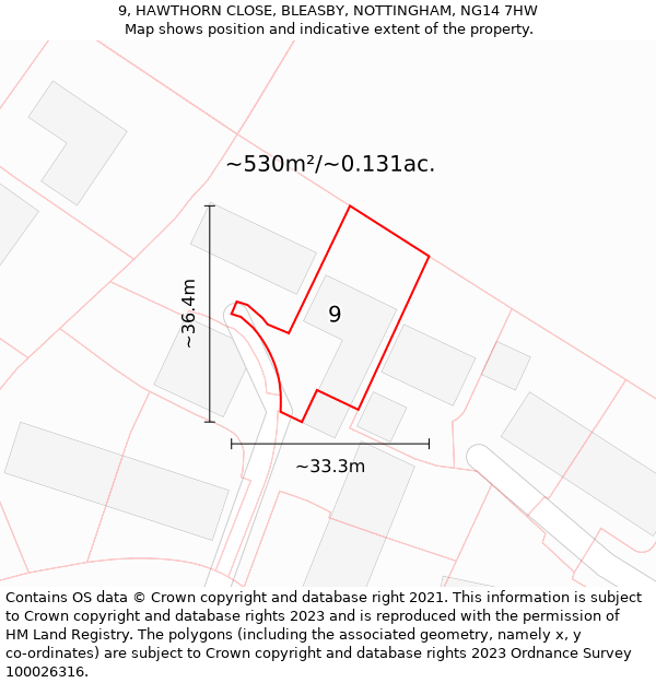 9, HAWTHORN CLOSE, BLEASBY, NOTTINGHAM, NG14 7HW: Plot and title map