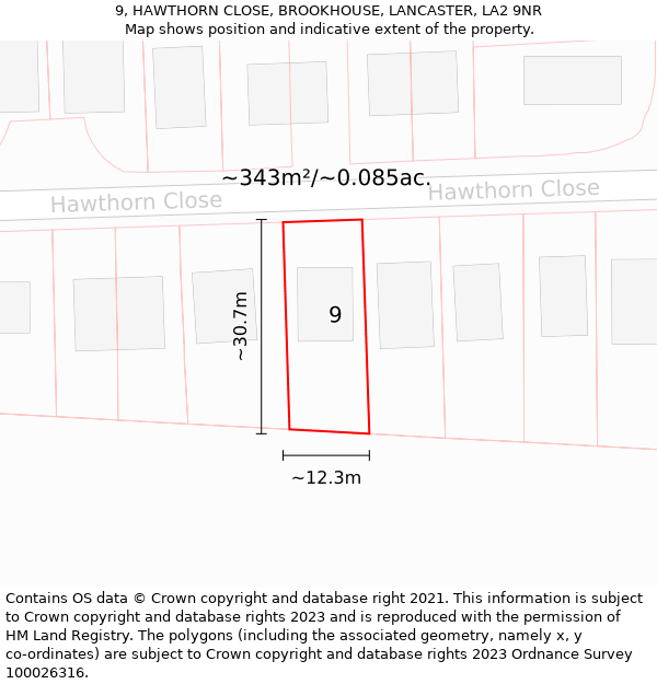 9, HAWTHORN CLOSE, BROOKHOUSE, LANCASTER, LA2 9NR: Plot and title map