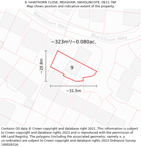 9, HAWTHORN CLOSE, MEASHAM, SWADLINCOTE, DE12 7NF: Plot and title map