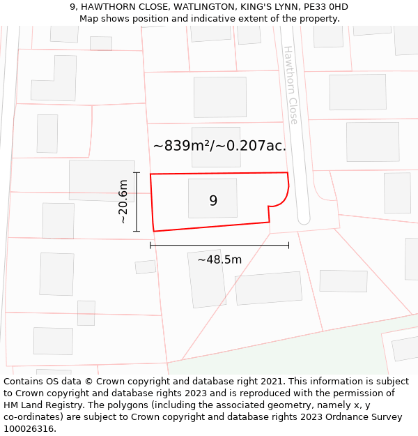 9, HAWTHORN CLOSE, WATLINGTON, KING'S LYNN, PE33 0HD: Plot and title map