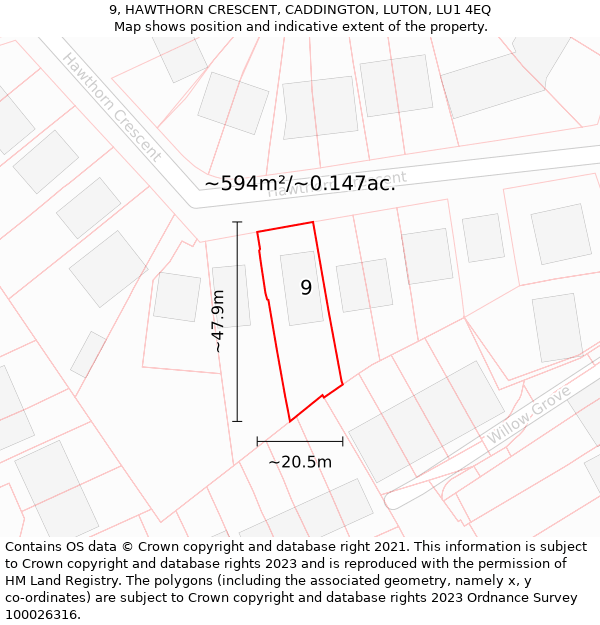 9, HAWTHORN CRESCENT, CADDINGTON, LUTON, LU1 4EQ: Plot and title map