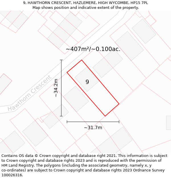 9, HAWTHORN CRESCENT, HAZLEMERE, HIGH WYCOMBE, HP15 7PL: Plot and title map