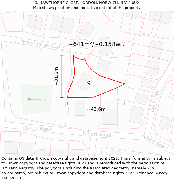 9, HAWTHORNE CLOSE, LODDON, NORWICH, NR14 6UX: Plot and title map