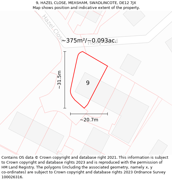 9, HAZEL CLOSE, MEASHAM, SWADLINCOTE, DE12 7JX: Plot and title map