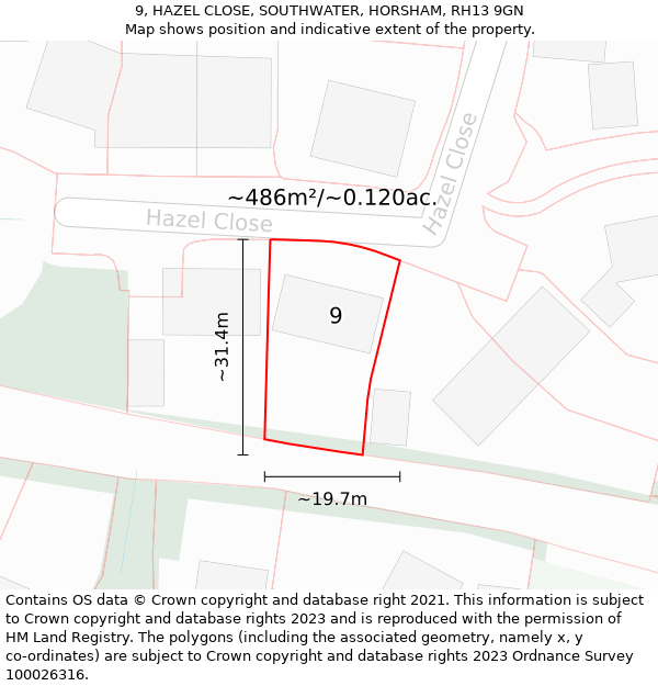 9, HAZEL CLOSE, SOUTHWATER, HORSHAM, RH13 9GN: Plot and title map
