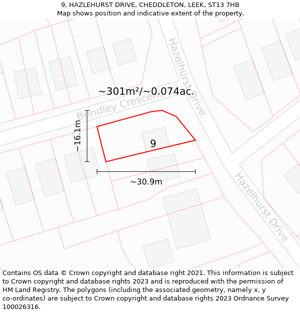 9, HAZLEHURST DRIVE, CHEDDLETON, LEEK, ST13 7HB: Plot and title map