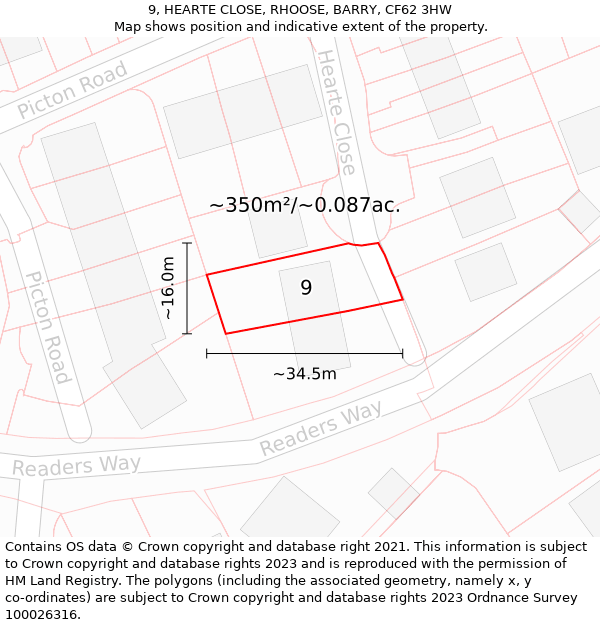 9, HEARTE CLOSE, RHOOSE, BARRY, CF62 3HW: Plot and title map