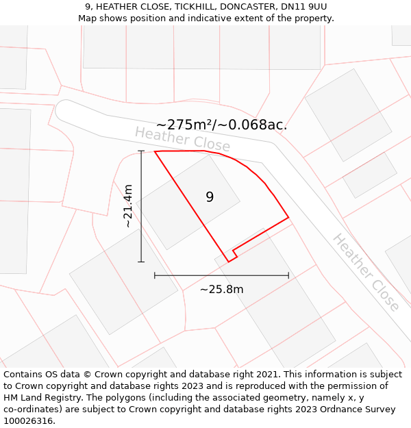 9, HEATHER CLOSE, TICKHILL, DONCASTER, DN11 9UU: Plot and title map