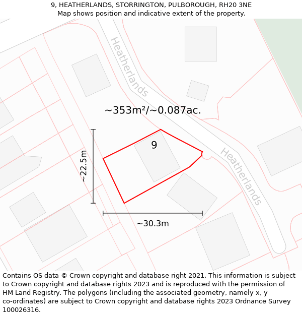 9, HEATHERLANDS, STORRINGTON, PULBOROUGH, RH20 3NE: Plot and title map