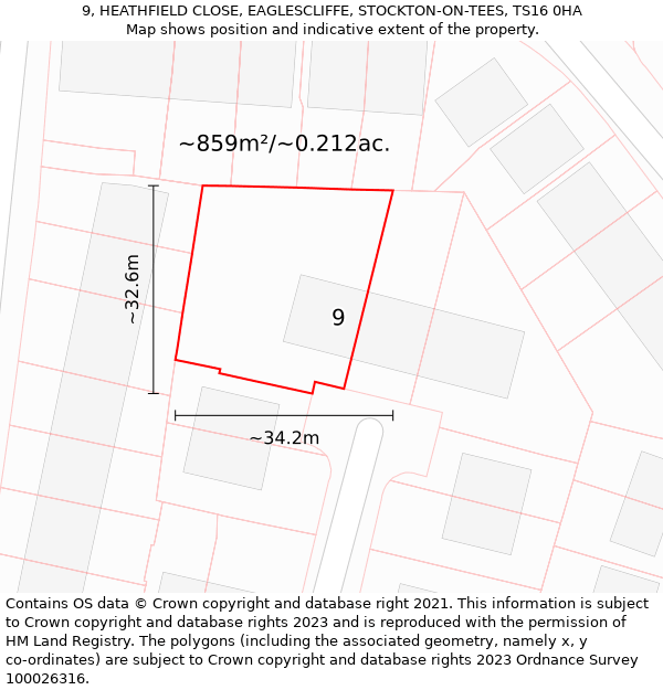 9, HEATHFIELD CLOSE, EAGLESCLIFFE, STOCKTON-ON-TEES, TS16 0HA: Plot and title map