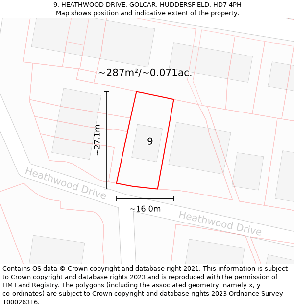 9, HEATHWOOD DRIVE, GOLCAR, HUDDERSFIELD, HD7 4PH: Plot and title map