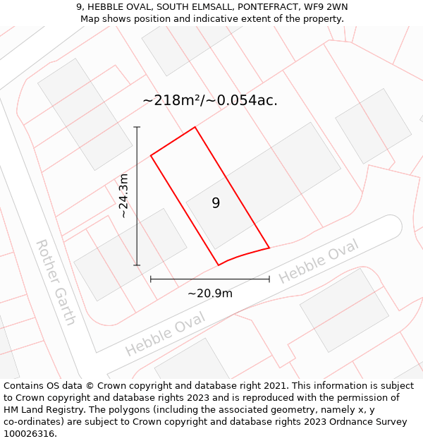 9, HEBBLE OVAL, SOUTH ELMSALL, PONTEFRACT, WF9 2WN: Plot and title map