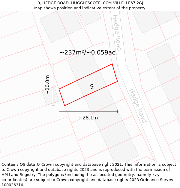 9, HEDGE ROAD, HUGGLESCOTE, COALVILLE, LE67 2GJ: Plot and title map