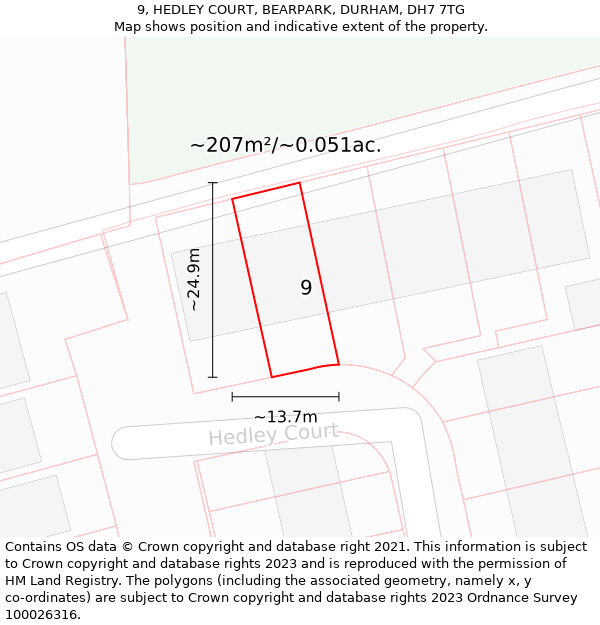 9, HEDLEY COURT, BEARPARK, DURHAM, DH7 7TG: Plot and title map