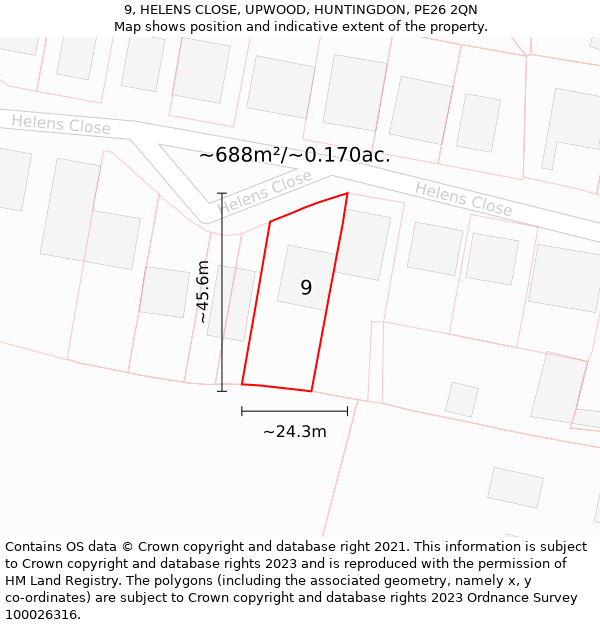 9, HELENS CLOSE, UPWOOD, HUNTINGDON, PE26 2QN: Plot and title map