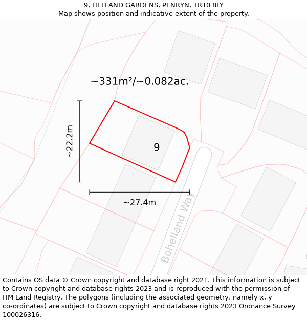 9, HELLAND GARDENS, PENRYN, TR10 8LY: Plot and title map