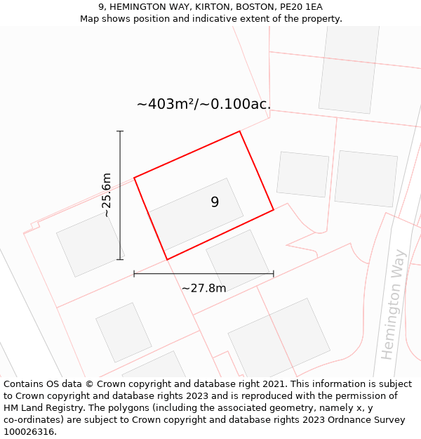 9, HEMINGTON WAY, KIRTON, BOSTON, PE20 1EA: Plot and title map