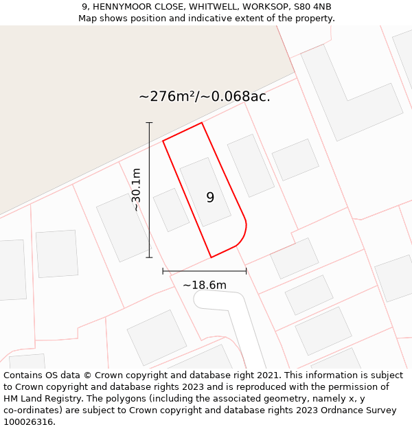 9, HENNYMOOR CLOSE, WHITWELL, WORKSOP, S80 4NB: Plot and title map