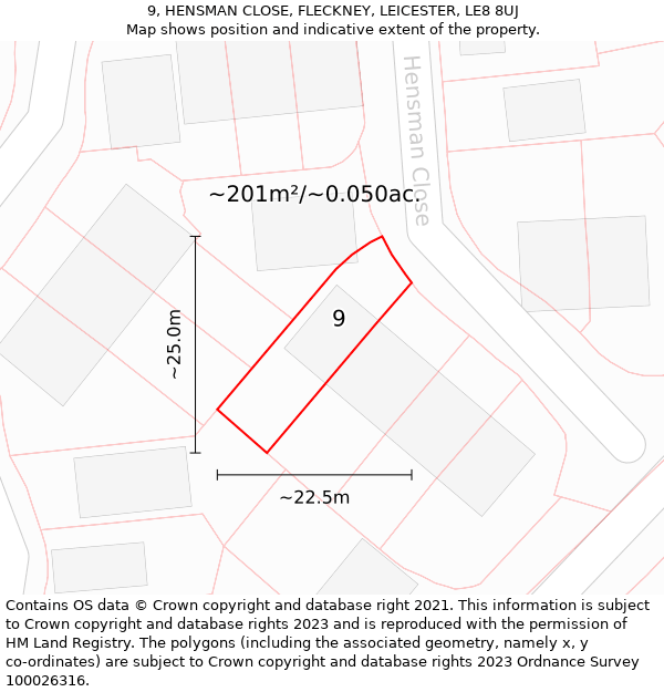 9, HENSMAN CLOSE, FLECKNEY, LEICESTER, LE8 8UJ: Plot and title map