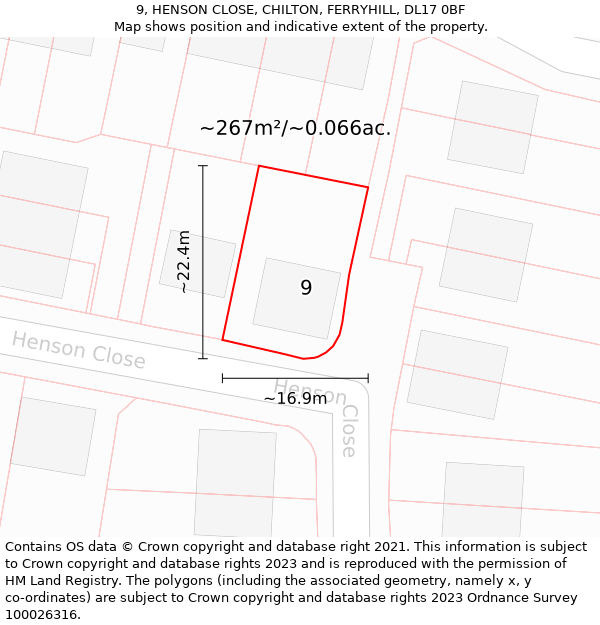 9, HENSON CLOSE, CHILTON, FERRYHILL, DL17 0BF: Plot and title map