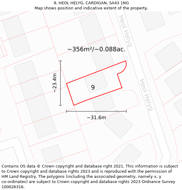 9, HEOL HELYG, CARDIGAN, SA43 1NG: Plot and title map