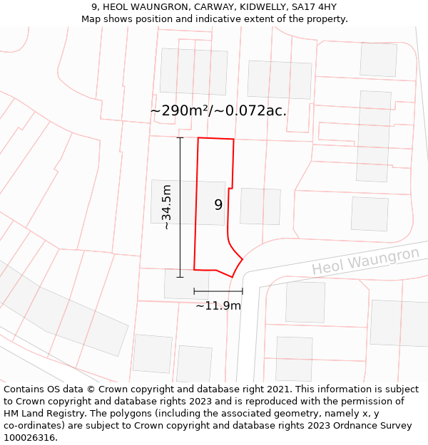 9, HEOL WAUNGRON, CARWAY, KIDWELLY, SA17 4HY: Plot and title map