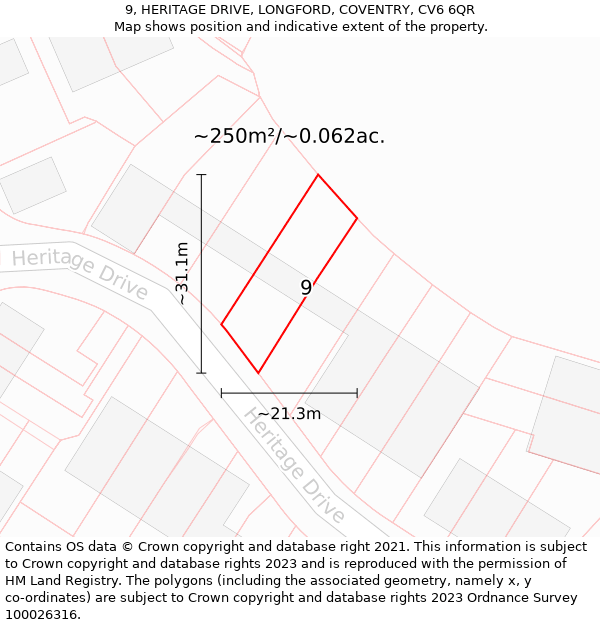 9, HERITAGE DRIVE, LONGFORD, COVENTRY, CV6 6QR: Plot and title map