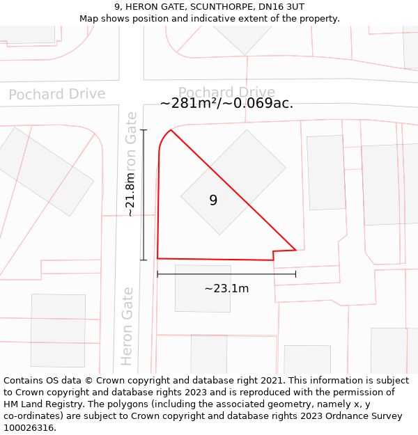 9, HERON GATE, SCUNTHORPE, DN16 3UT: Plot and title map