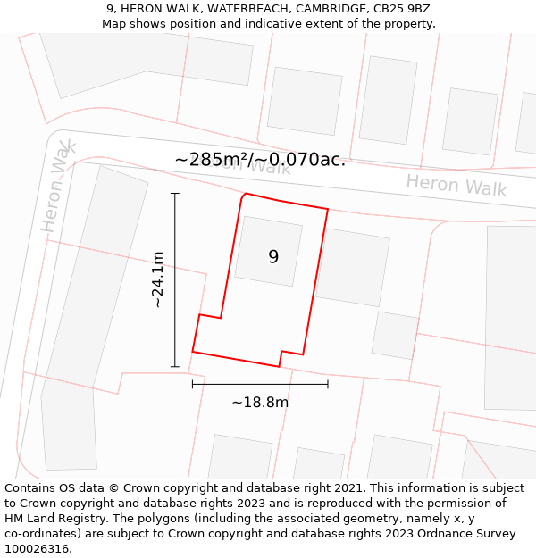 9, HERON WALK, WATERBEACH, CAMBRIDGE, CB25 9BZ: Plot and title map