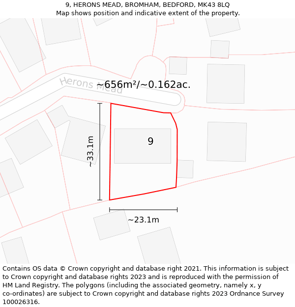 9, HERONS MEAD, BROMHAM, BEDFORD, MK43 8LQ: Plot and title map