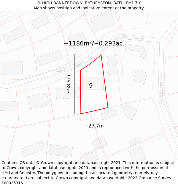 9, HIGH BANNERDOWN, BATHEASTON, BATH, BA1 7JY: Plot and title map