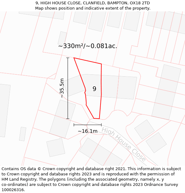 9, HIGH HOUSE CLOSE, CLANFIELD, BAMPTON, OX18 2TD: Plot and title map