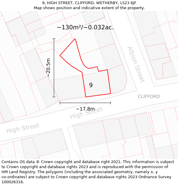 9, HIGH STREET, CLIFFORD, WETHERBY, LS23 6JF: Plot and title map