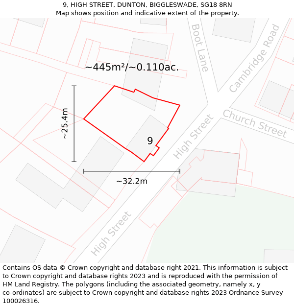 9, HIGH STREET, DUNTON, BIGGLESWADE, SG18 8RN: Plot and title map