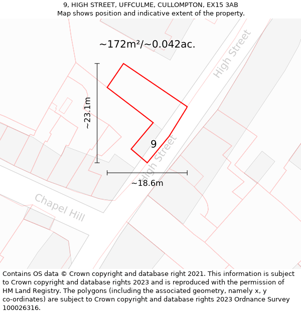 9, HIGH STREET, UFFCULME, CULLOMPTON, EX15 3AB: Plot and title map