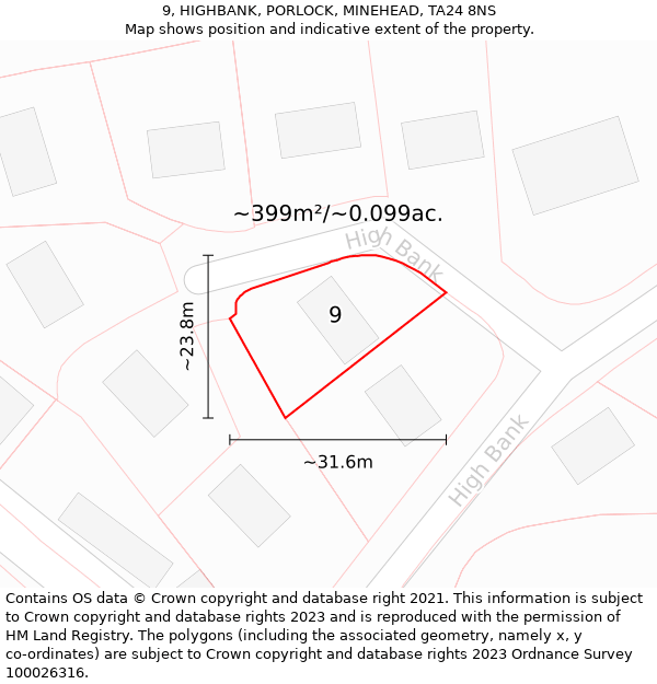 9, HIGHBANK, PORLOCK, MINEHEAD, TA24 8NS: Plot and title map