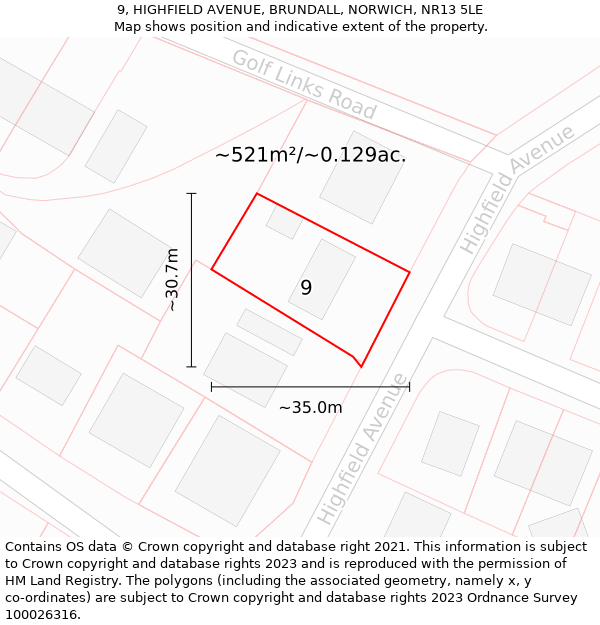 9, HIGHFIELD AVENUE, BRUNDALL, NORWICH, NR13 5LE: Plot and title map