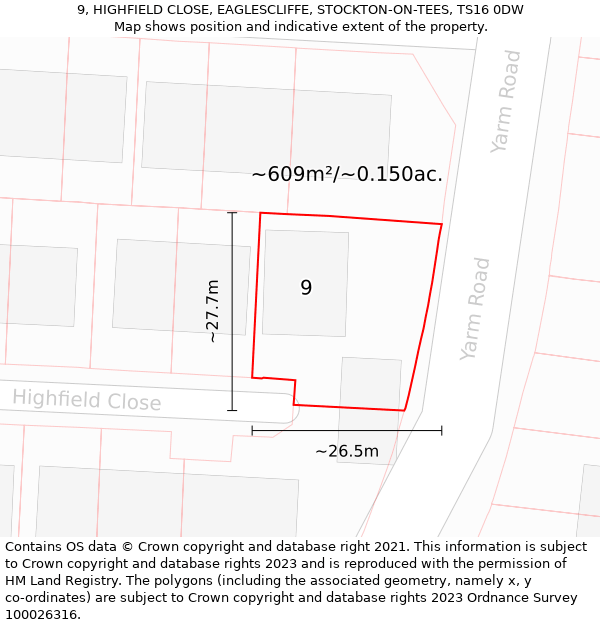 9, HIGHFIELD CLOSE, EAGLESCLIFFE, STOCKTON-ON-TEES, TS16 0DW: Plot and title map