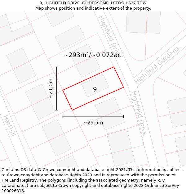 9, HIGHFIELD DRIVE, GILDERSOME, LEEDS, LS27 7DW: Plot and title map